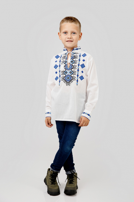 Camasa traditionala de baieti alba cu motiv geometric albastru Stefan 01 [4]