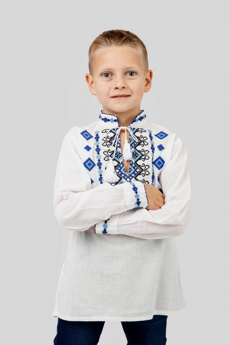 Camasa traditionala de baieti alba cu motiv geometric albastru Stefan 01 [2]