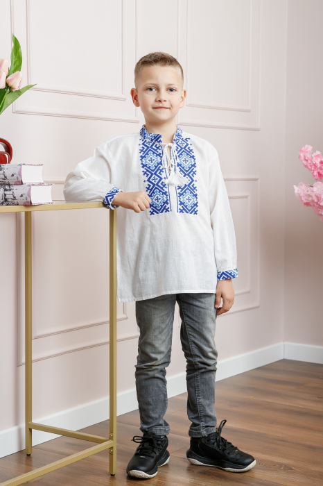 Camasa traditionala de baieti alba cu motiv geometric albastru Victor [4]