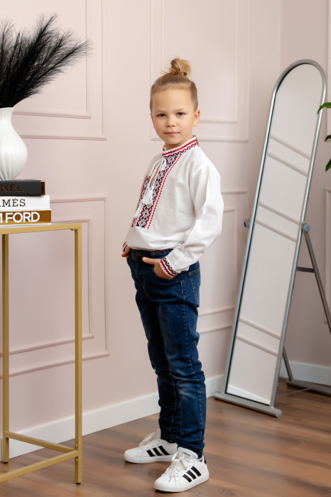 Camasa traditionala de baieti alba cu motiv geometric rosu Daniel 01 [4]