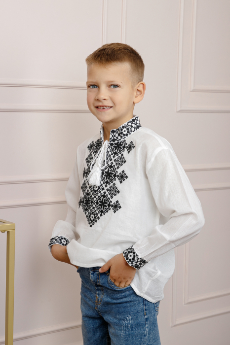 Camasa traditionala de baieti alba cu motiv geometric negru Filip 01 [3]