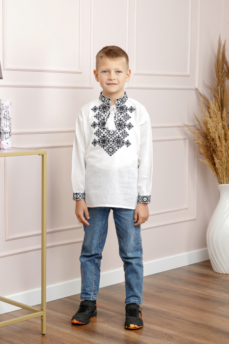 Camasa traditionala de baieti alba cu motiv geometric negru Filip 01 [4]