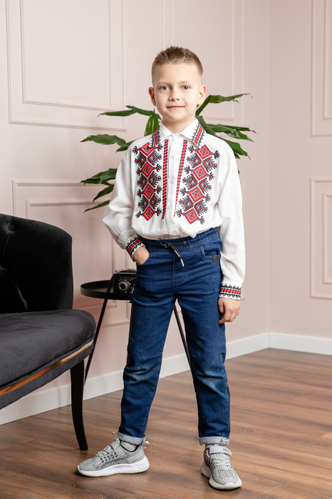 Camasa traditionala de baieti alba cu motiv geometric rosu Bogdan 01 [5]