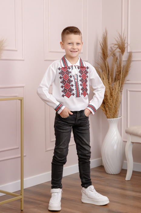 Camasa traditionala de baieti alba cu motiv geometric rosu Bogdan 03 [3]