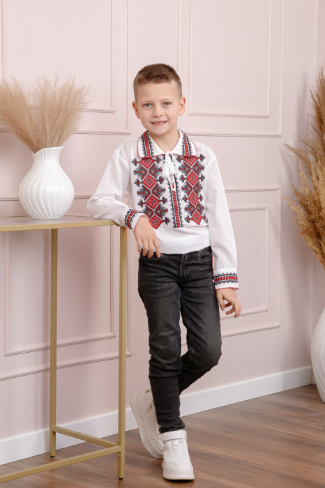 Camasa traditionala de baieti alba cu motiv geometric rosu Bogdan 03 [4]