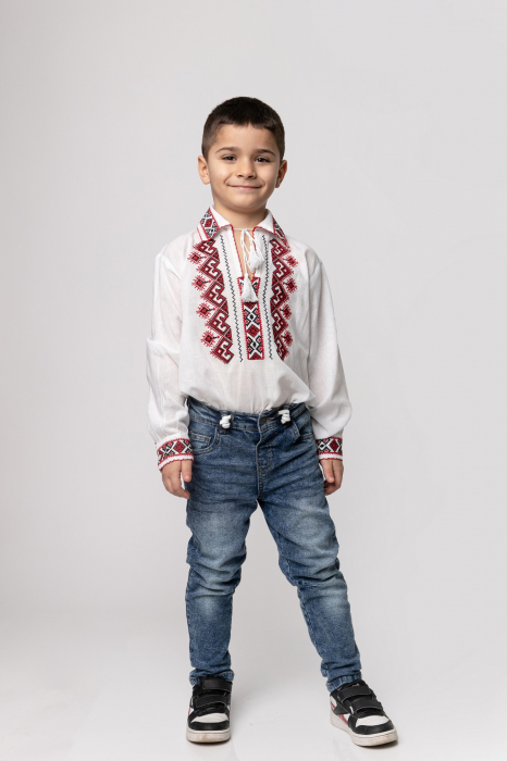 Camasa traditionala de baieti alba cu motiv geometric rosu Alexandru 02 [4]