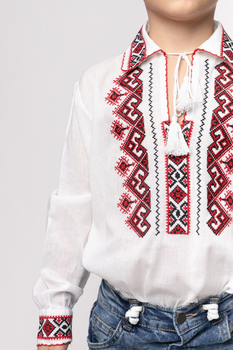 Camasa traditionala de baieti alba cu motiv geometric rosu Alexandru 02 [2]