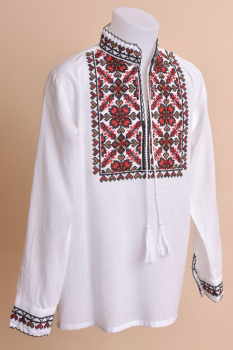 Camasa traditionala de baieti alba cu motiv geometric rosu Claudiu 01 [3]