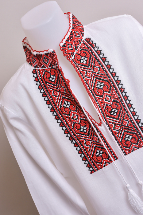 Camasa traditionala de baieti alba cu motiv geometric rosu Damian 01 [2]