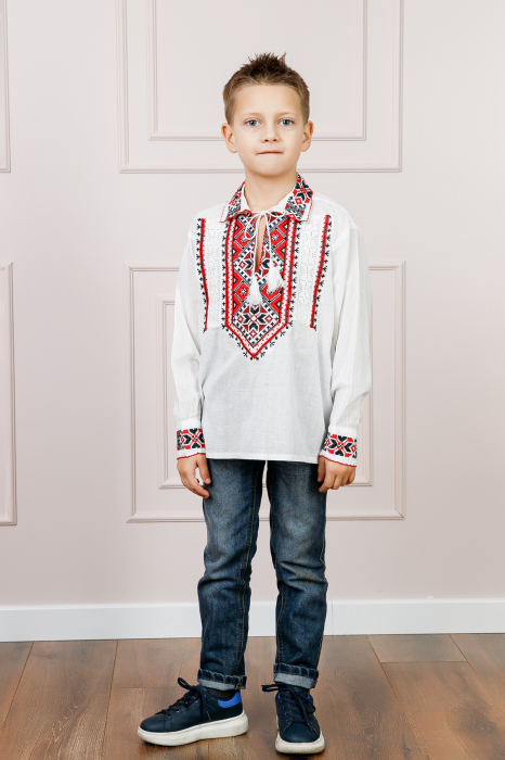 Camasa traditionala de baieti alba cu motiv geometric rosu Flavius 02 [4]