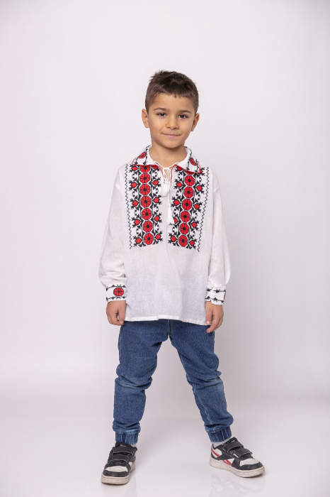 Camasa traditionala de baieti alba cu motiv geometric rosu Matias [4]