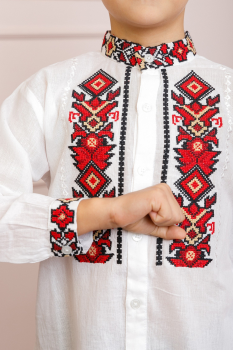 Camasa traditionala de baieti alba cu motiv geometric rosu Ovidiu [2]