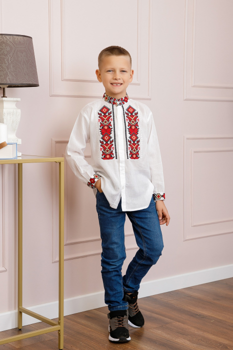 Camasa traditionala de baieti alba cu motiv geometric rosu Ovidiu [4]