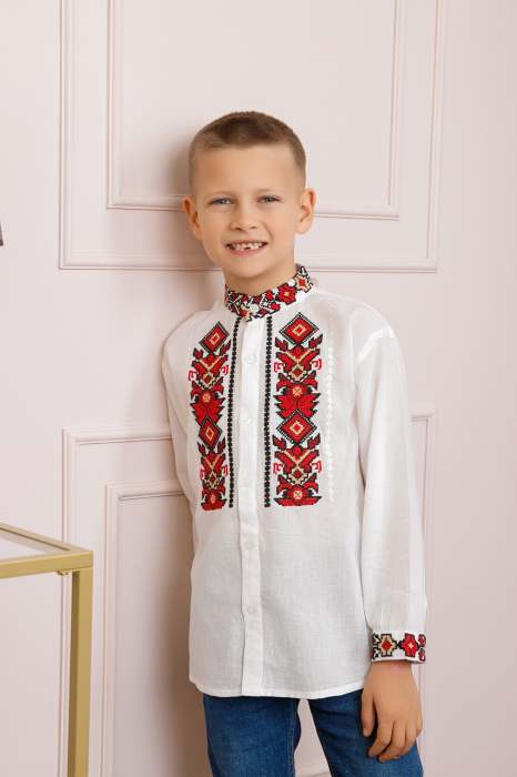 Camasa traditionala de baieti alba cu motiv geometric rosu Ovidiu [3]