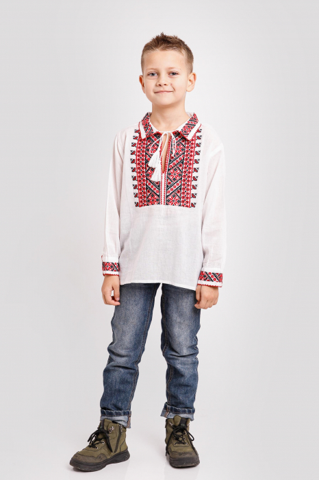 Camasa traditionala de baieti alba cu motiv geometric rosu Pavel 02 [4]