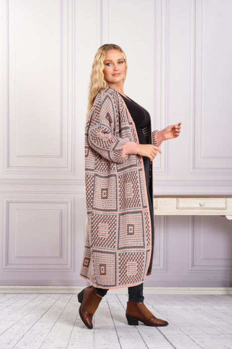 Cardigan tricotat roz somon cu model geometric gri [2]