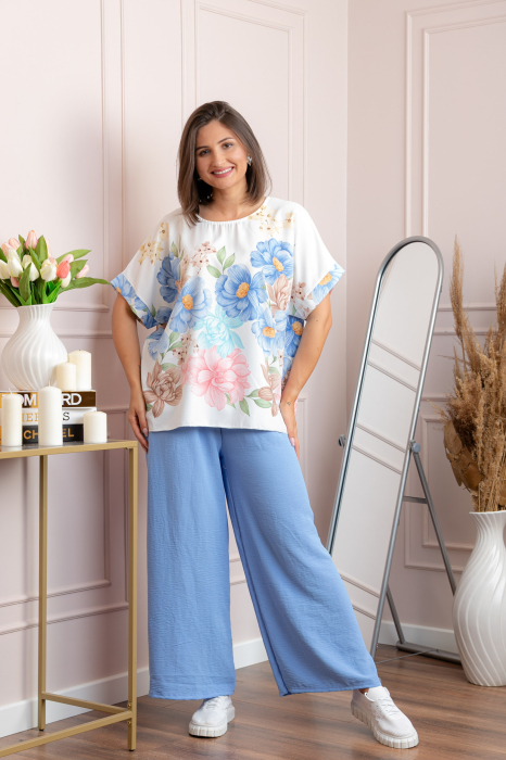 Compleu dama Deborah cu bluza vaporoasa si pantaloni largi - Bleu [4]