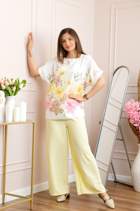 Compleu dama Deborah cu bluza vaporoasa si pantaloni largi - Galben pastel [3]