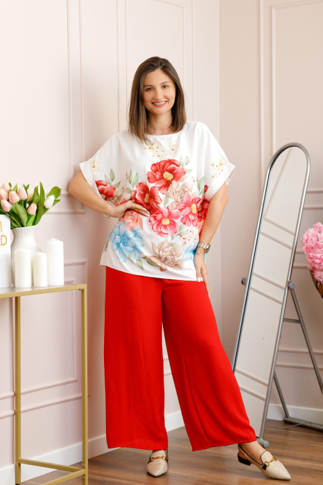 Compleu dama Deborah cu bluza vaporoasa si pantaloni largi - Rosu [4]