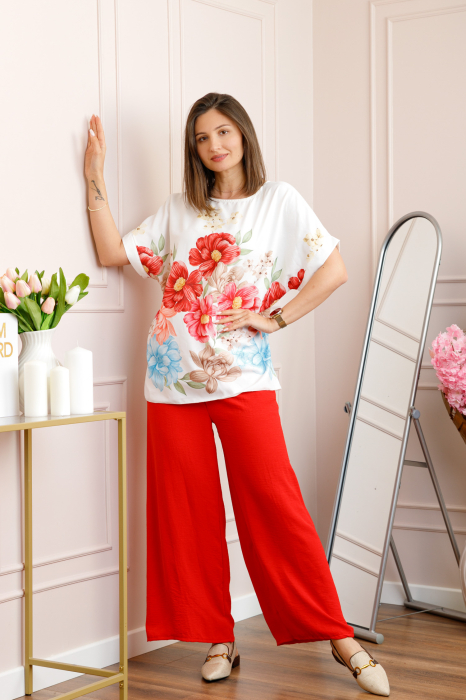 Compleu dama Deborah cu bluza vaporoasa si pantaloni largi - Rosu [3]