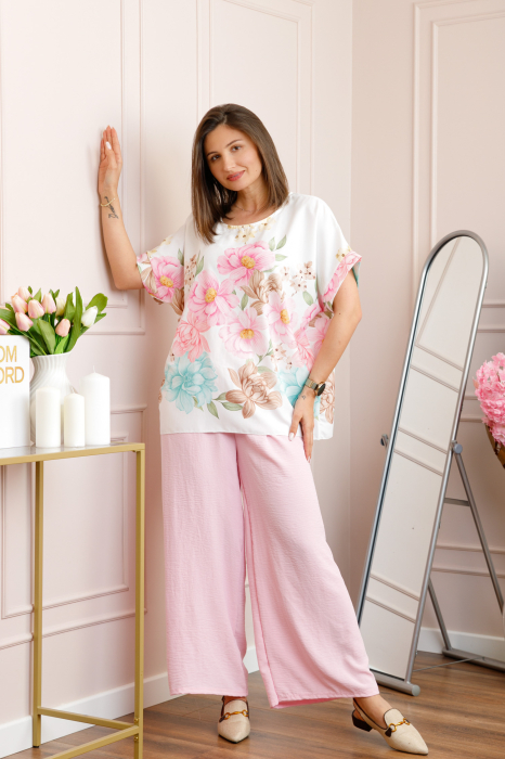 Compleu dama Deborah cu bluza vaporoasa si pantaloni largi - Roz pastel [3]