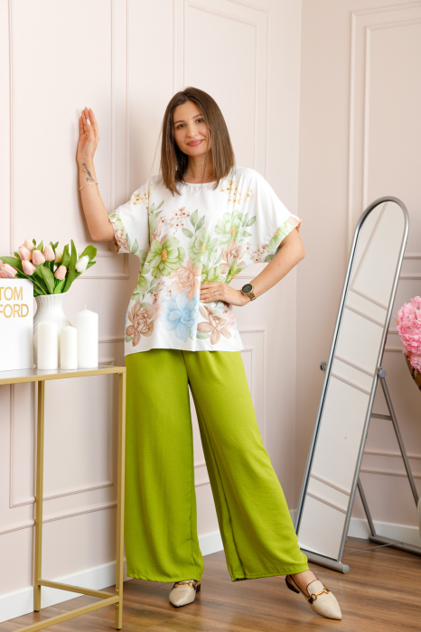 Compleu dama Deborah cu bluza vaporoasa si pantaloni largi - Verde lime [3]