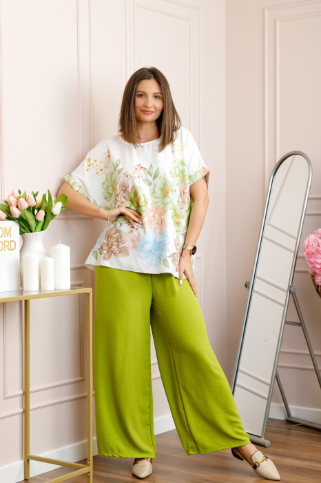 Compleu dama Deborah cu bluza vaporoasa si pantaloni largi - Verde lime [4]