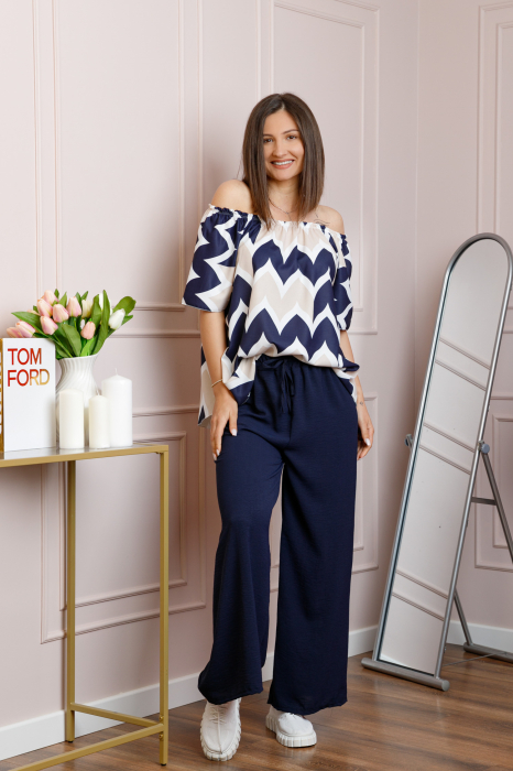 Compleu dama Eleanor cu bluza vaporoasa si pantaloni largi - Bleumarin [3]