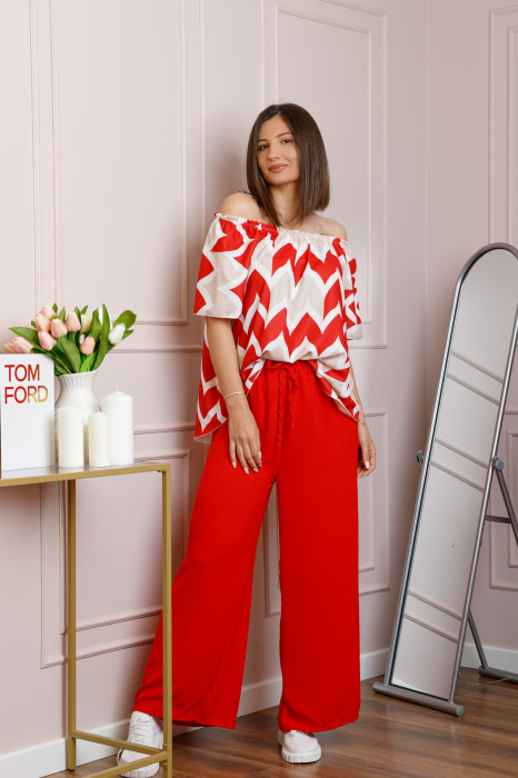 Compleu dama Eleanor cu bluza vaporoasa si pantaloni largi - Rosu [3]