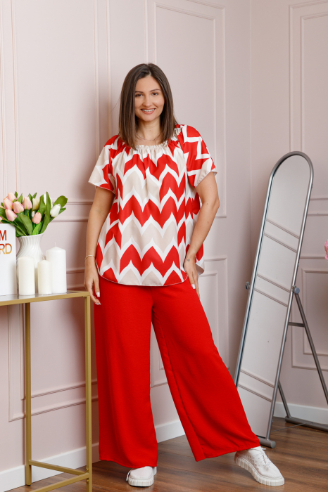 Compleu dama Eleanor cu bluza vaporoasa si pantaloni largi - Rosu [4]