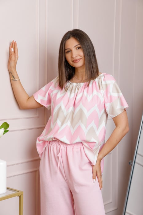 Compleu dama Eleanor cu bluza vaporoasa si pantaloni largi - Roz pastel [2]