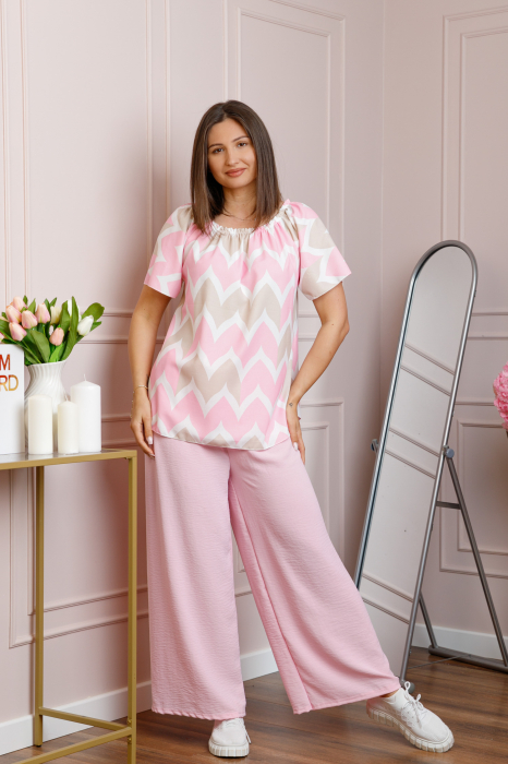 Compleu dama Eleanor cu bluza vaporoasa si pantaloni largi - Roz pastel [4]