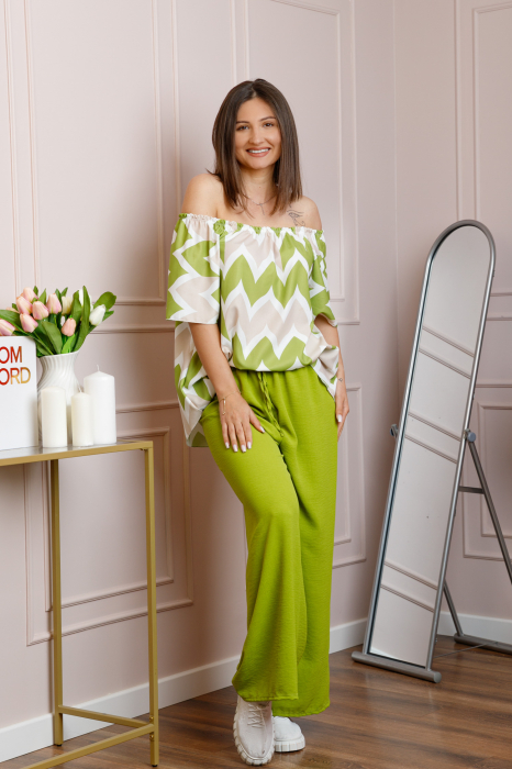 Compleu dama Eleanor cu bluza vaporoasa si pantaloni largi - Verde lime [3]