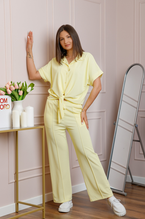 Compleu dama galben pastel cu pantaloni largi si bluza cu nod Abigail [3]