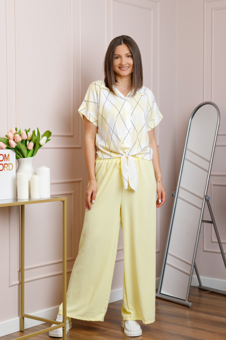 Compleu dama galben pastel cu pantaloni largi si bluza cu nod Candice [3]