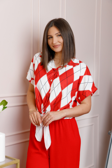 Compleu dama rosu cu pantaloni largi si bluza cu nod Candice [2]