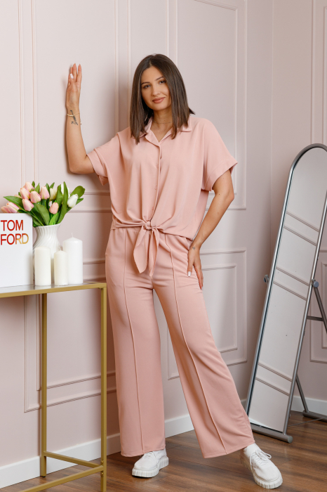 Compleu dama roz pastel cu pantaloni largi si bluza cu nod Abigail [3]