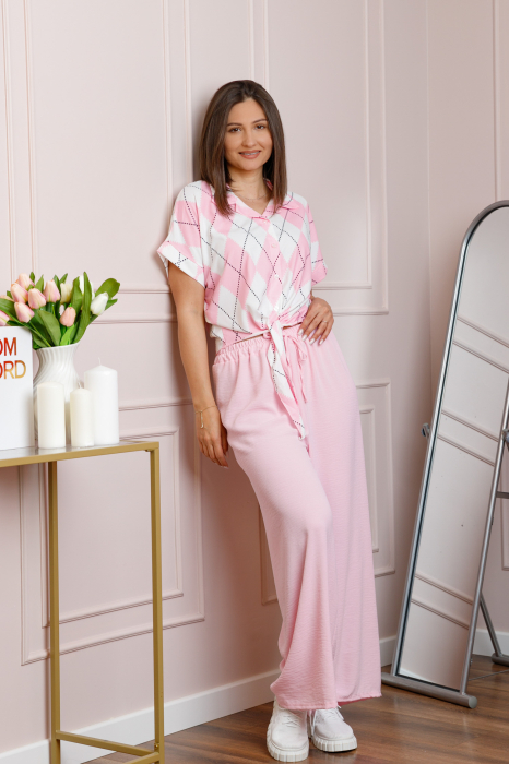 Compleu dama roz pastel cu pantaloni largi si bluza cu nod Candice [4]