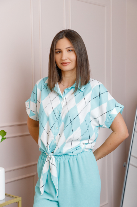 Compleu dama turcoaz deschis cu pantaloni largi si bluza cu nod Candice [2]