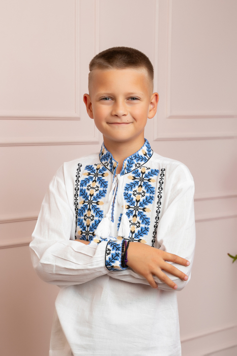 Compleu traditional alb pentru baieti cu motiv floral albastru Dominic [3]