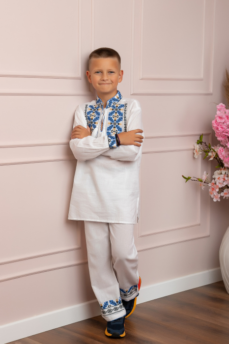 Compleu traditional alb pentru baieti cu motiv floral albastru Dominic [4]