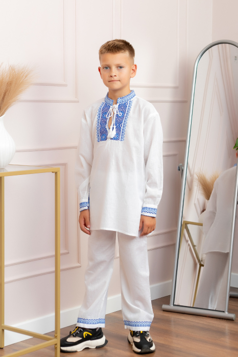 Compleu traditional alb pentru baieti cu motiv floral albastru Robert 01 [1]