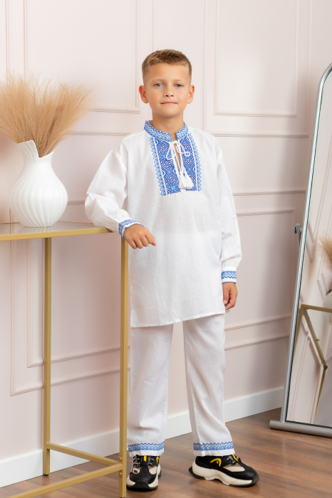 Compleu traditional alb pentru baieti cu motiv floral albastru Robert 01 [4]