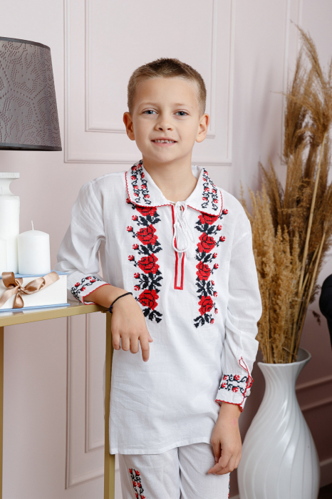Compleu traditional alb pentru baieti cu motiv floral rosu Calin [3]