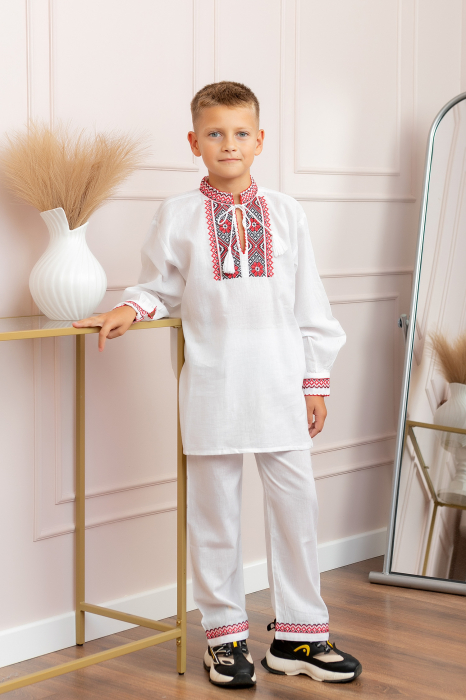 Compleu traditional alb pentru baieti cu motiv floral rosu Robert 02 [4]