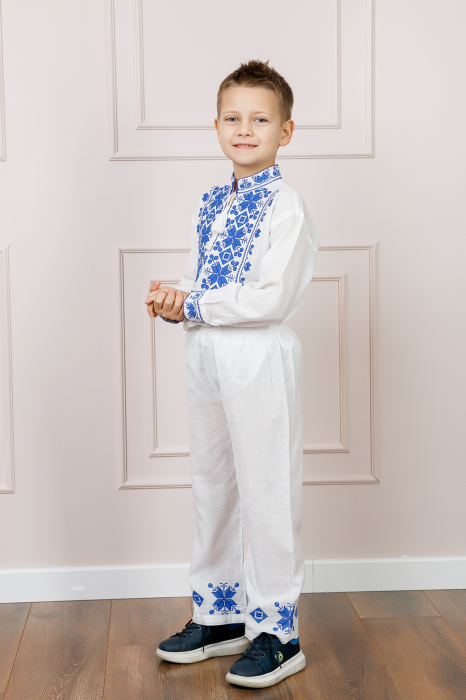 Compleu traditional alb pentru baieti cu motiv geometric albastru Emil [4]