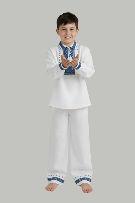 Compleu traditional alb pentru baieti cu motiv geometric albastru Stefan [4]