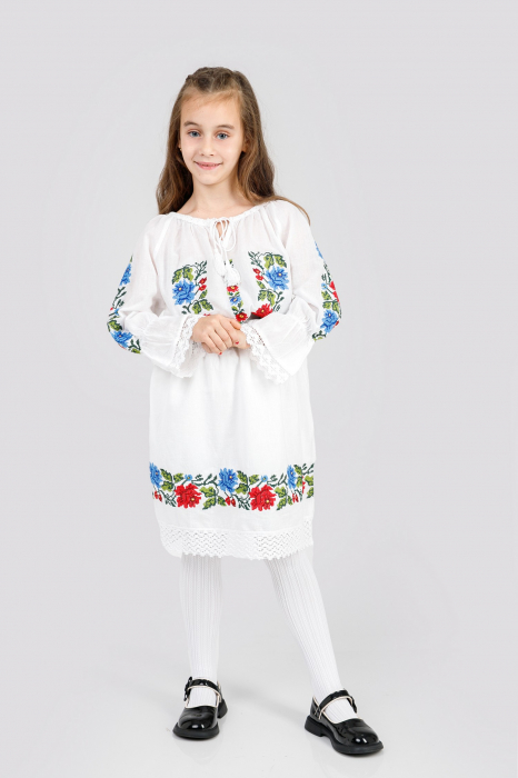 Compleu traditional alb pentru fetite cu motiv floral multicolor Florina [4]