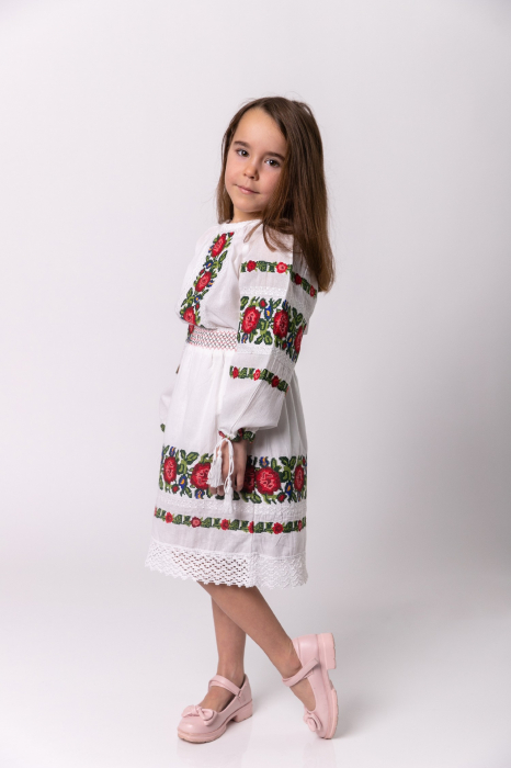 Compleu traditional alb pentru fetite cu motiv floral rosu Emma [4]