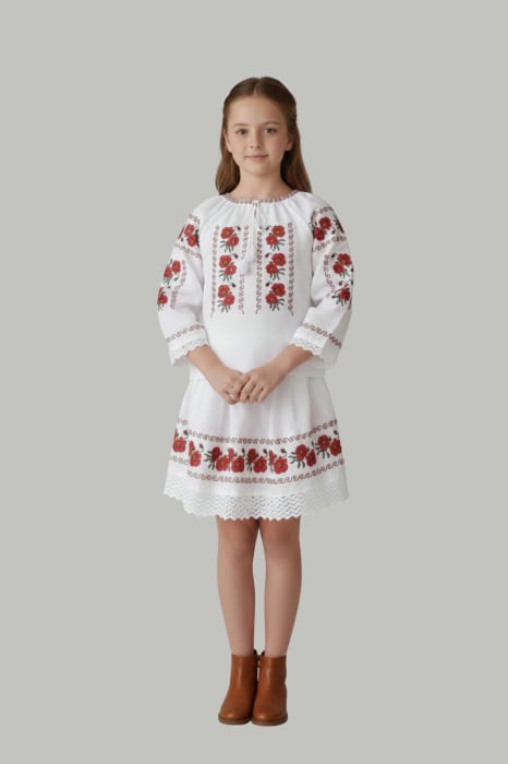 Compleu traditional alb pentru fetite cu motiv floral rosu Ilona [1]